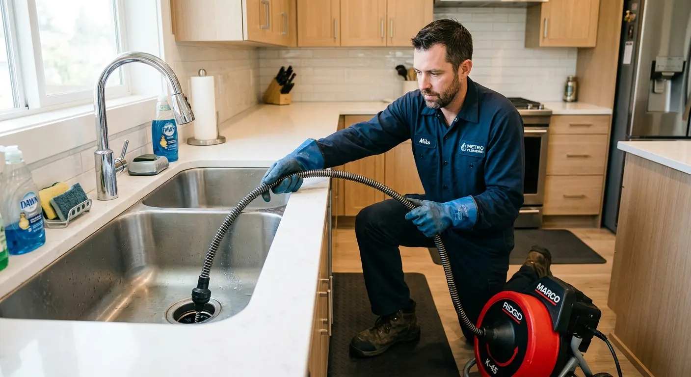 Drain cleaning technician using a motorized snake on a kitchen sink in Lake Holiday
