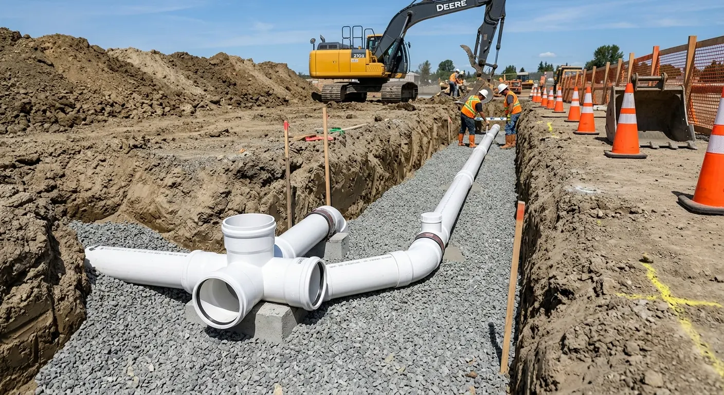 New PVC sewer pipe installation in open trench for Sewer Backup in Lake Holiday