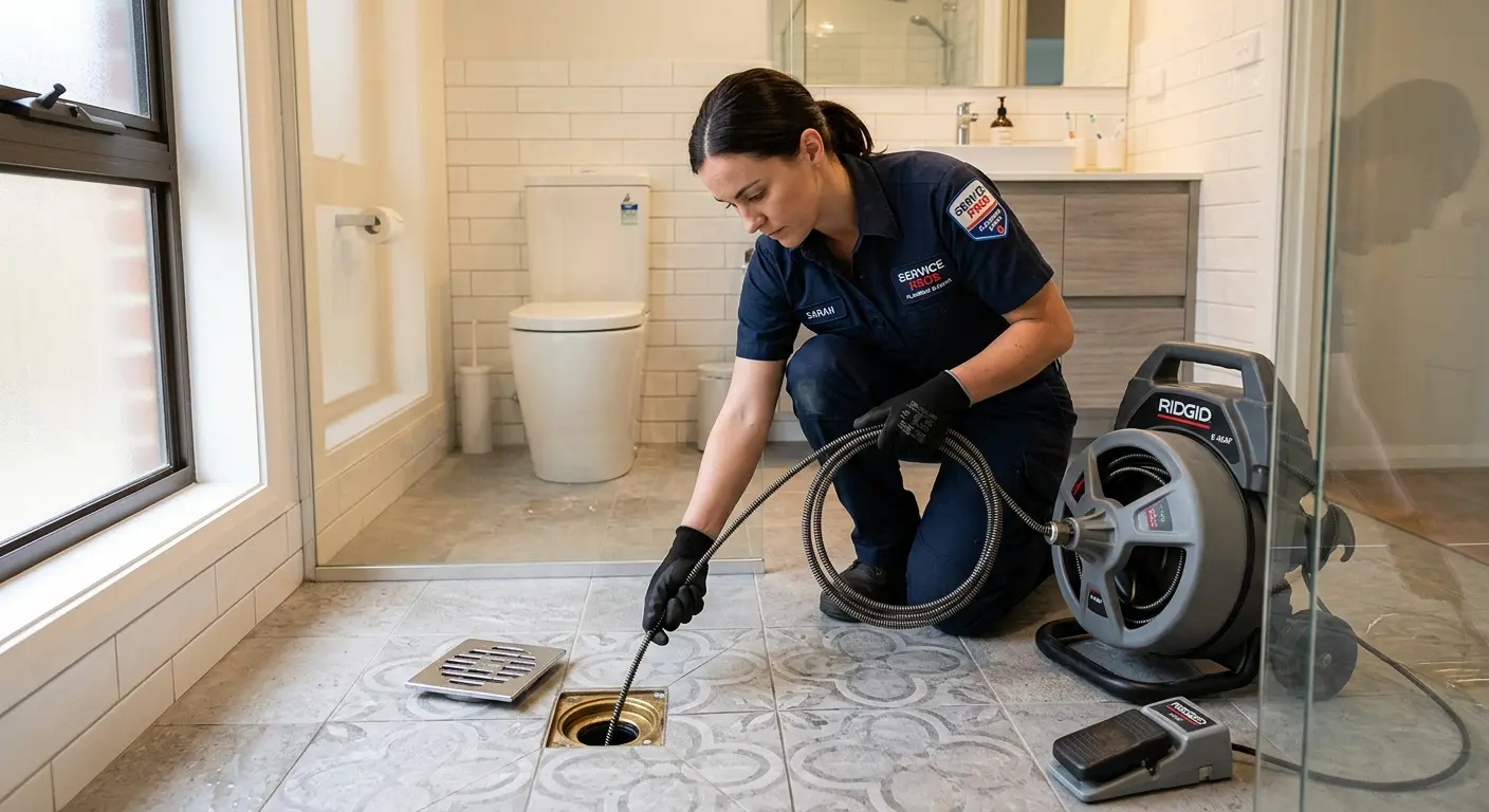 Technician clearing a bathroom floor drain for Drain Cleaning in Lake Holiday